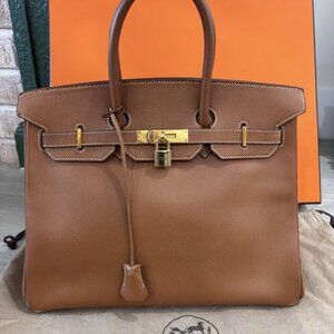 Authentic HERMES BIRKIN 35 courchevel Gold brown leather satchel classic